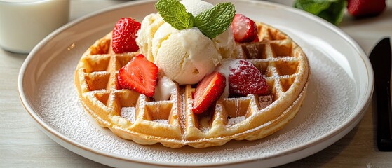 Waffles on a white plate, served with ice cream, sliced strawberries, mint leaf garnish and milk