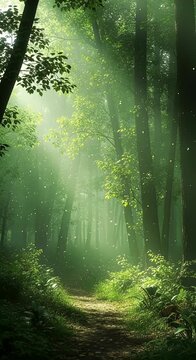 Sunlit forest pathway through tall trees nature scene