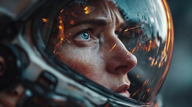 Close-up of an astronaut in a helmet shows face illuminated by HUD display lights with reflections of spaceship interior in the visor area.