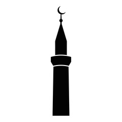 Simple black silhouette of an islamic mosque minaret with crescent moon