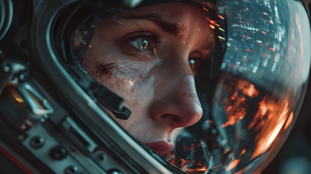 Close-up of an astronaut in a helmet shows face illuminated by HUD display lights with reflections of spaceship interior in the visor area.
