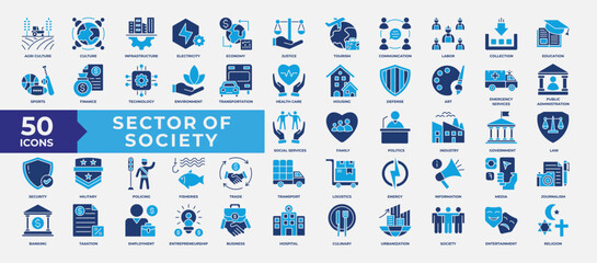 Naklejka premium Sector of society icon set collection. Containing agriculture, education, healthcare, energy, technology, transportation, arts, justice and more icon. Simple Flat Vector Illustration. 