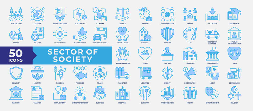 Sector of society icon set collection. Containing agriculture, education, healthcare, energy, technology, transportation, arts, justice and more icon. Simple Blue Vector Illustration. 