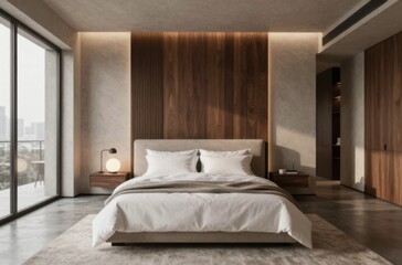 Fototapeta premium Modern Bedroom Interior with Wooden Paneling, Neutral Colors, and City View for Relaxation and Comfort