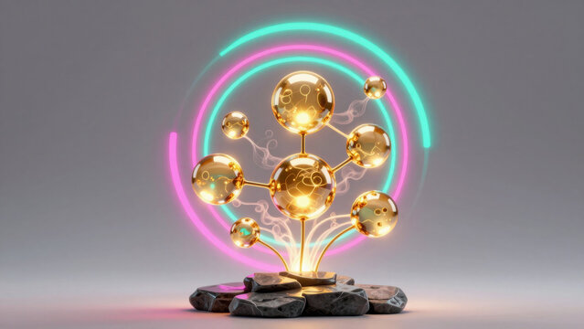 A stylized golden structure resembling a branching form rises from a dark rock base. Rings of pink and green neon light frame the scene, creating a sense of depth and futuristic elegance.
