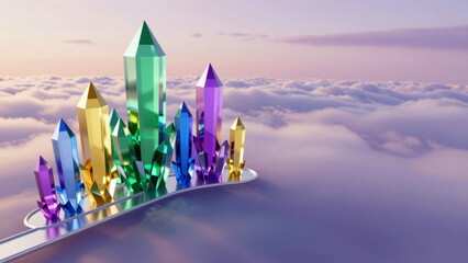 Fototapeta premium Colorful, crystalline structures rise from a sleek, metallic platform against a backdrop of soft, layered clouds. A sense of upward momentum and spaciousness prevails.