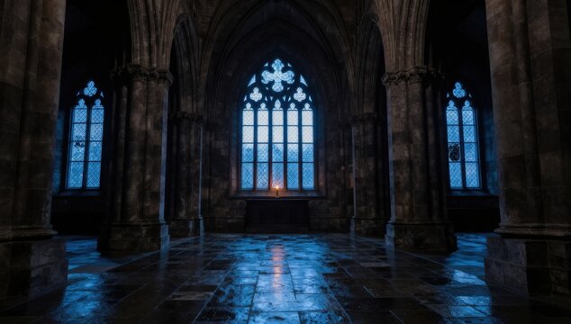 Interior View of a Gothic Architectural Building with Ornate Windows and Stone Pillars Bathed in Soft Light