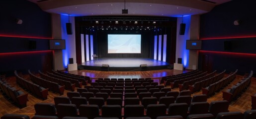 Auditorium interior with empty stage and seating, showcasing modern architecture and event venue...