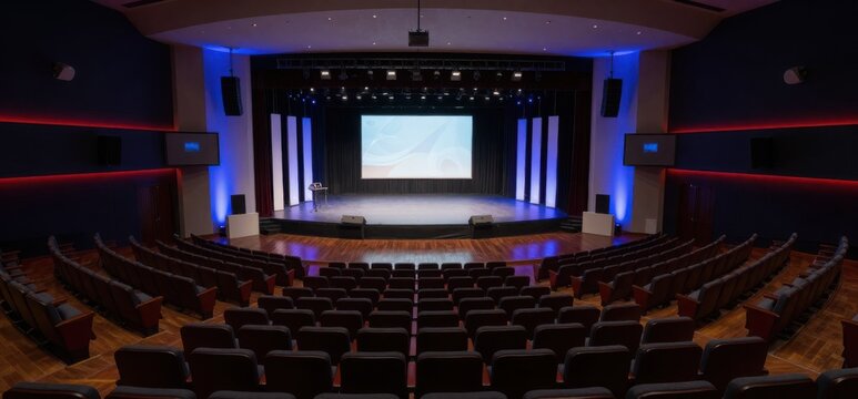 Auditorium interior with empty stage and seating, showcasing modern architecture and event venue design