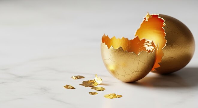 Golden eggshell cracked open on white marble surface with gold fragments easter day background download 2026 2027