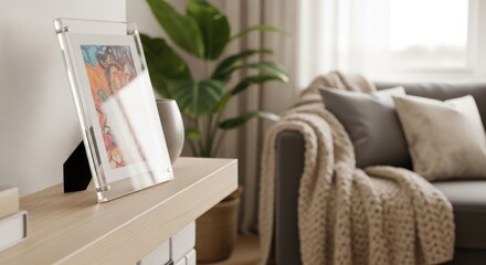 Fototapeta premium A cozy living room with a framed artwork on a wooden shelf, a gray sofa with a beige throw blanket, and a potted plant in the background.