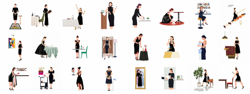 Elegant women in black dresses vector set, showcasing activities like fine dining, hosting, fashion, and sophisticated social interactions.