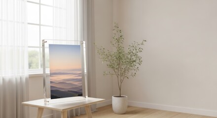 Fototapeta premium A serene indoor setting with a landscape photograph on an easel, a potted plant, and a window with white curtains.
