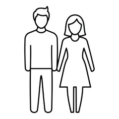 A man and a woman standing side by side holding hands and smiling at each other isolated on white background, Vector