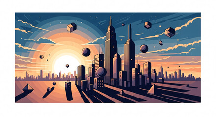 Obraz premium Vibrant futuristic cityscape with geometric shapes floating in sunset sky