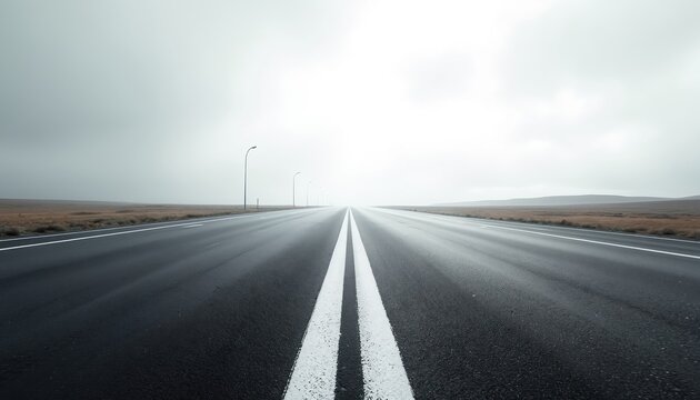 Empty asphalt road stretches to horizon under grey cloudy sky. White lane markers guide way on wet blacktop surface. Light poles line deserted highway indicating long journey ahead.