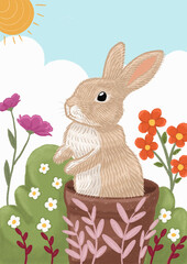 easter bunny in a basket with flowers
