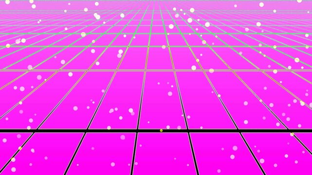 A bright pink grid pattern with white specks radiating from the center on a purple background