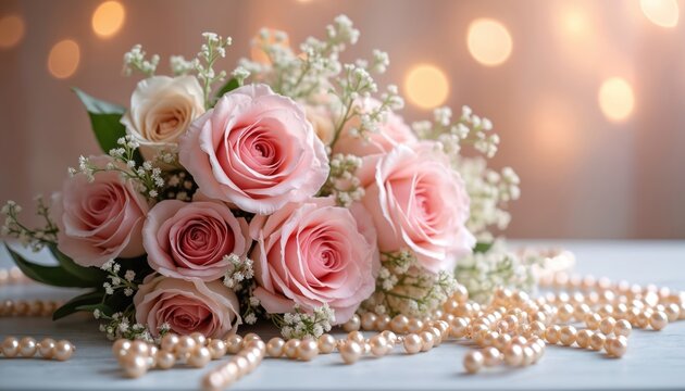Pink roses and pearls on table. Soft light bokeh background. Romantic floral arrangement for special occasions like weddings anniversaries or valentines day.