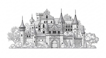 Obraz premium Majestic medieval castle with towers and gates in a serene landscape