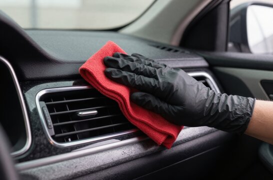 Car Interior Detailing: Gloved Hand Cleaning Dashboard Air Vent with Microfiber Cloth for Automotive Care