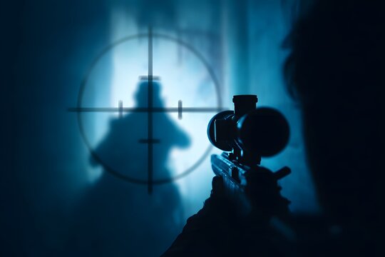 A shadowy sniper on a clandestine chessboard, ready to strike unseen.