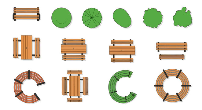 Top down view of various park elements including benches trees and flowerbeds