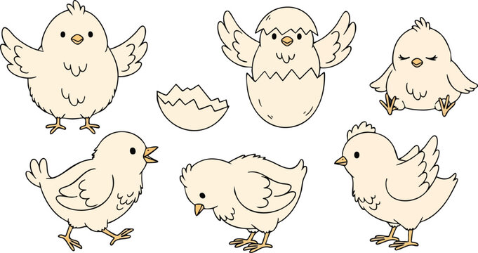 Hand drawn cute baby chick vector set with hatching chick and different poses in soft beige color isolated on white background illustrated in simple line art style