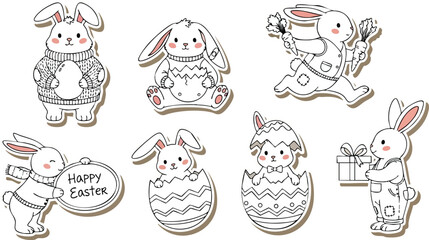 Hand drawn easter bunnies in cute sweaters holding eggs carrots and gifts with happy easter sign in minimalist line art style with soft pastel pink accents