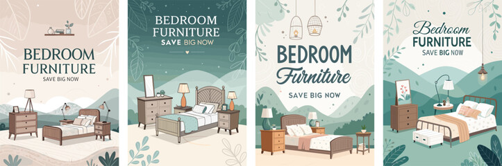 Stylish bedroom furniture advertisements with modern designs and calming colors.