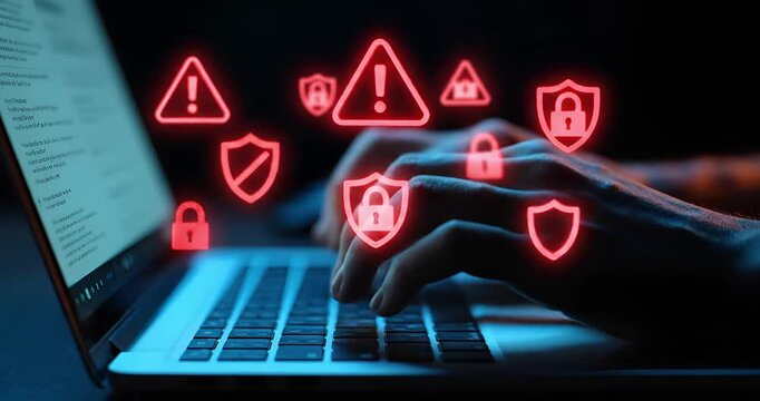 Cybersecurity warning icons over hands typing keyboard