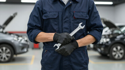 Mechanic holding wrench in auto repair shop