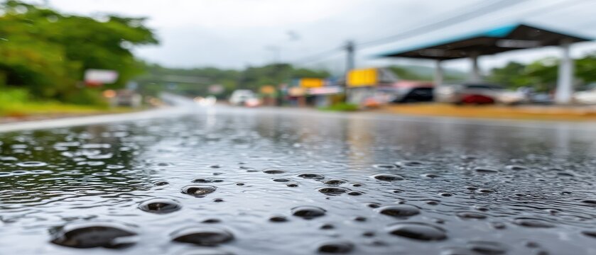 Heavy rain falls on the asphalt road creating reflections during a cloudy day near a gas station in a rural area with low visibility