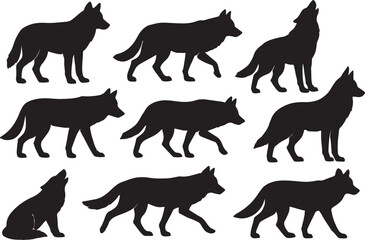 Fototapeta premium Wolf silhouettes in various standing, walking, howling poses on white background