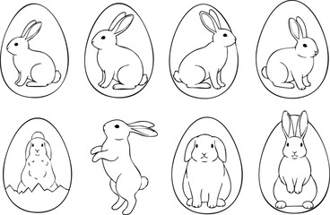 Obraz premium Hand drawn black and white rabbit illustrations inside egg shapes set with sitting and jumping bunny poses simple line art style isolated on white background