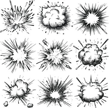 Create a differents kinds of Comic line speed effect cartoon explosive vector set. Hand drawn sketch doodle comic line speed motion, explosive cartoon burst icons. Vector illustration