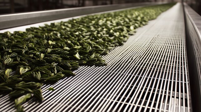 Industrial tea leaf drying conveyor with warm airflow and detailed leaves