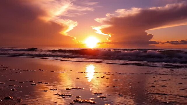 Breathtaking sunset paints the ocean waves and sandy shore with vibrant orange and pink hues.