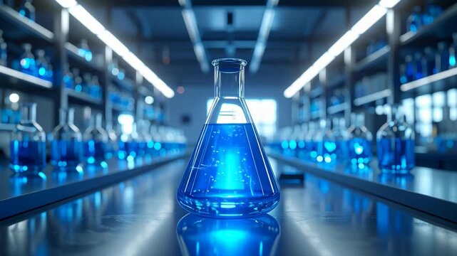 Close-up of a glass flask with blue liquid and bubbles on a laboratory table with shelves of bottles