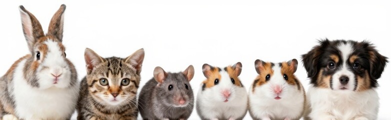Obraz premium Adorable Variety of Domestic Pets: Rabbit, Cat, Rat, Guinea Pigs, and Puppy Posing on White Background