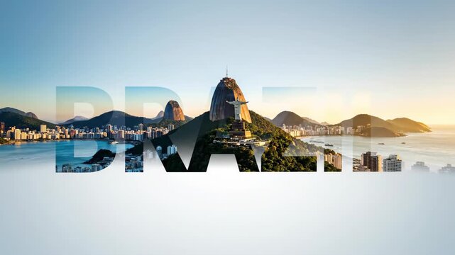 Brazil text overlay with lush rainforest and Rio de Janeiro cityscape