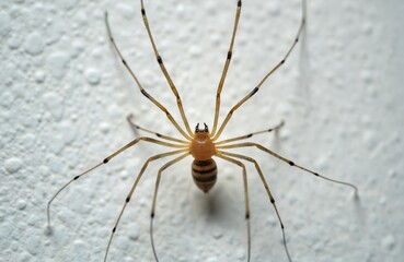 Pholcus phalangioides spider, commonly known as cellar spider, shows its thin long legs. This arachnid has dark stripes on its body. Male spider is shown on textured white wall.