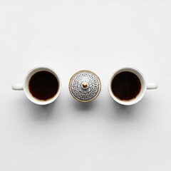 Two coffee mugs with ornate lidded dish flat lay on white background