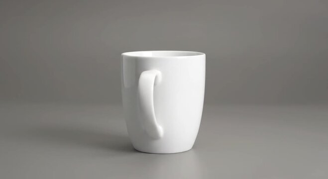 Empty white ceramic coffee mug on solid gray background studio shot