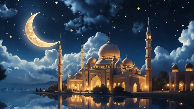 mosque at night crescent moon reflection water minarets illuminated architecture