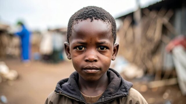 Close-up portrait of a young boy with serious expression in a poverty-stricken area