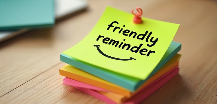 Yellow sticky note with friendly reminder text and a face is pinned on a stack of colorful paper. The message serves as a cheerful prompt for tasks or appointments.