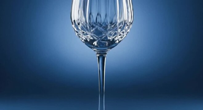 Empty ornate crystal wine glass on dark blue background