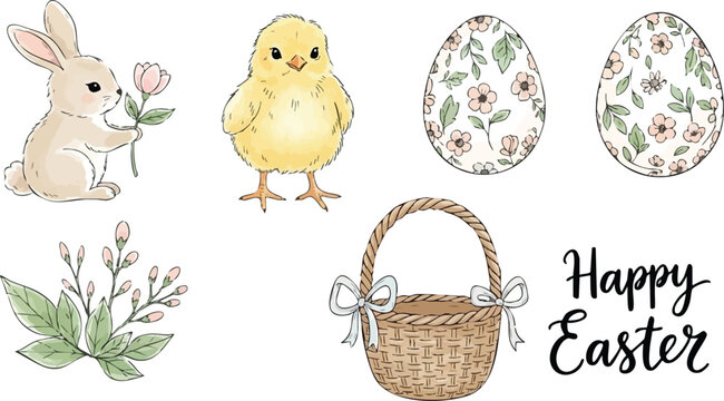 Hand drawn pastel colored bunny holding flower and yellow chick with floral patterned eggs and woven basket with bows for happy easter celebration vector art