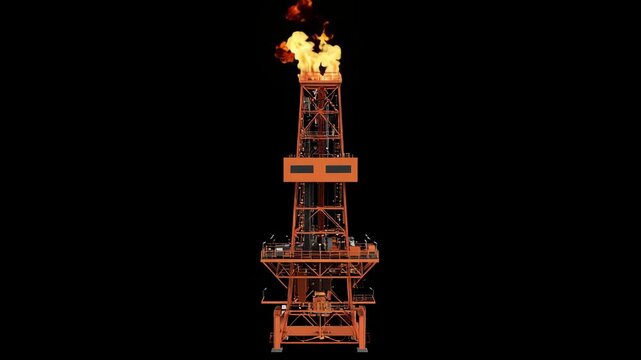 Industrial drilling rig with a large flame burning on top